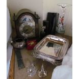 Two electroplated entree dishes and covers together with a mantle clock,