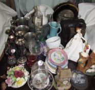 Chokin plates together with tankards, porcelain figure,