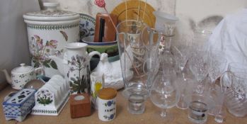 A Portmeirion Botanic Garden bread bin together with assorted pottery, decanter,