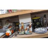 A mid 20th century coal box, fireside tidy, bowls, prints, Ewenny pottery, shells, miners lamp,