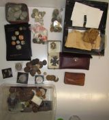 A collection of coins including half crowns, pennies, Royal Mint set,