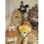 An electroplated teapot together with other electroplated wares, Staffordshire Dick Turpin figure,