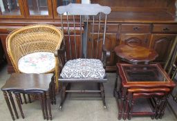 A spindle back rocking chair together with an inlaid wine table,