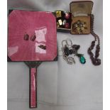 An enamel decorated hand mirror together with rolled gold cufflinks, other links,