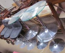 A set of three leatherette bar stools on chrome bases together with a set of four glass topped and