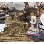 Brass oil lamps, together with brass fire irons, cigars, onyx ashtray,