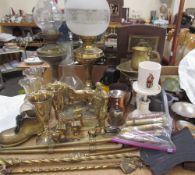 Brass oil lamps, together with brass fire irons, cigars, onyx ashtray,