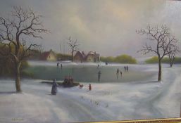 Ray Witchard Skating on a frozen lake Oil on canvas Signed