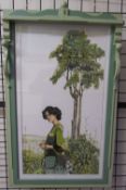 Bryan Gibbons A lady in a landscape Watercolour In a green painted wooden frame Signed and dated