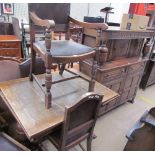 A 20th century oak drawleaf dining table together with a set of five oak chairs and a court