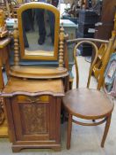 A bentwood dining chair together with a pine toilet mirror and a coal purdonium.