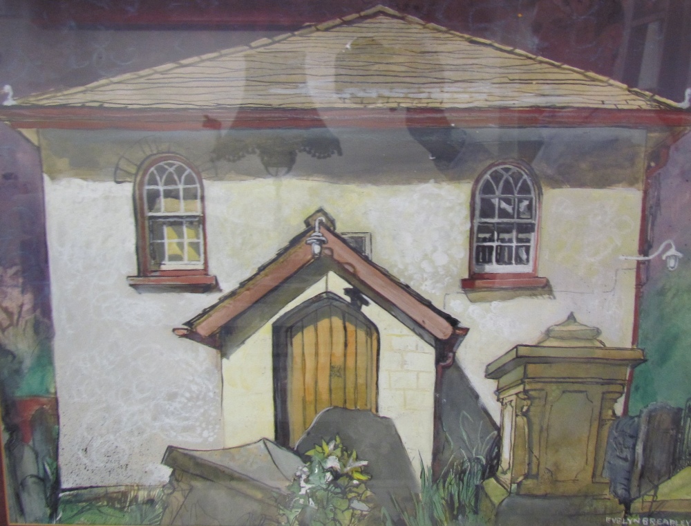 Evelyn Brearley A chapel Watercolour Together with a large collection of prints, tapestries,