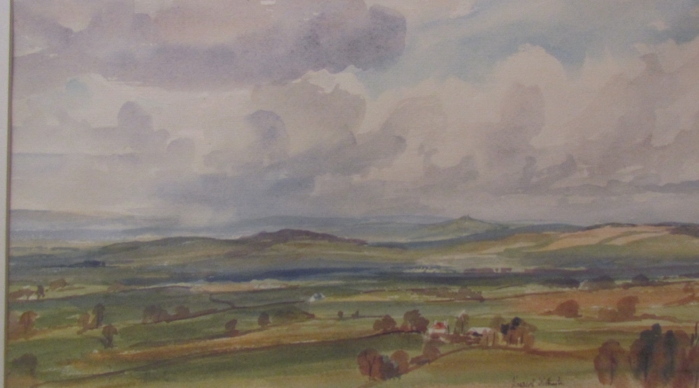 Margaret Worthington An extensive rural landscape Signed and inscribed Watercolour