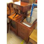 A reproduction mahogany miniature sofa table with drop flaps together with a hifi cabinet,