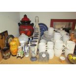 A Poole pottery part coffee and dinner set together with a studio pottery decanter and goblets,