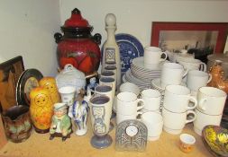 A Poole pottery part coffee and dinner set together with a studio pottery decanter and goblets,