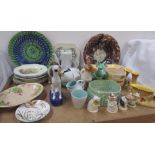 A Poole pottery part tea set together with pottery dogs, James Kent vases,