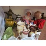 A Bell & Howell projector, Model 256 EX together with dolls, toys, brass wares, pottery jugs,
