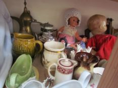 A Bell & Howell projector, Model 256 EX together with dolls, toys, brass wares, pottery jugs,