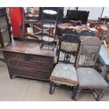 A set of four Edwardian carved and upholstered salon chairs together with an oak chest of drawers