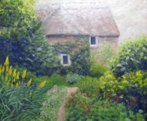 Ros Wiley The Garden House Oil on board Signed Together with a watercolour of a beach scene and two