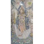 A watercolour on linen depicting a deity, birds and animals signed "Iny.