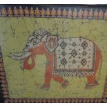 A large Batik of an elephant together with another batik and a silkwork picture