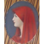 Head and shoulders portrait of a maiden in a red headdress together with a collection of miniatures