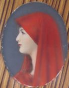 Head and shoulders portrait of a maiden in a red headdress together with a collection of miniatures