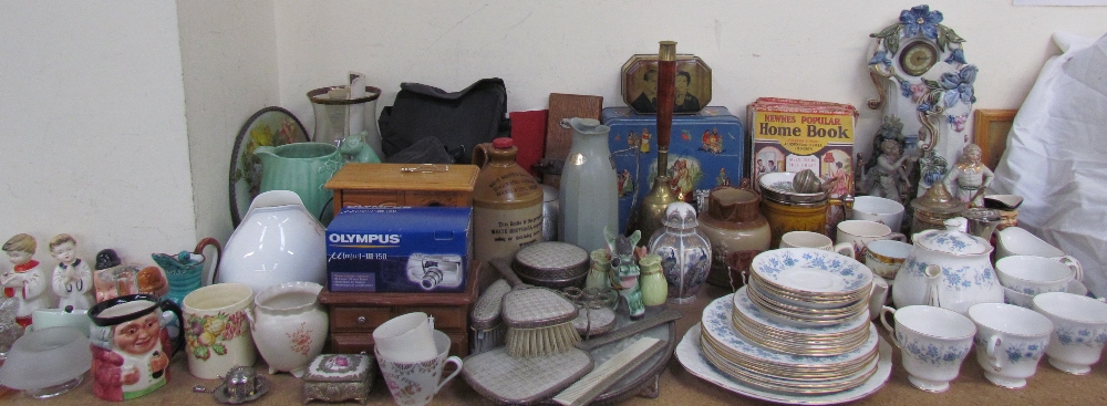 A Sylvac pottery jug together with pottery figures, cameras, dressing table set, jewellery boxes,