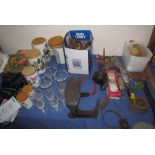 Assorted tools, together with a shoe last, books, Portmeirion storage jars,