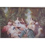 A large woolwork tapestry depicting a group of Ladies in a garden