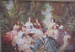 A large woolwork tapestry depicting a group of Ladies in a garden