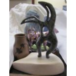 An abstract bronze sculpture together with a Josie Walter cat painted dish,