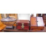 An Edwardian style stationery box together with an Oriental hardwood jewellery box and a resin urn