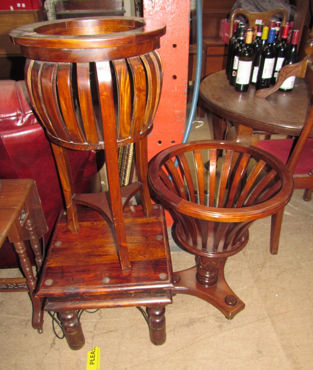 A modern mahogany plant stand with slatted sides on three legs, - Image 2 of 2