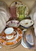 A 19th century English porcelain cup and saucer and plates, banded agate panel, Wedgwood plate,