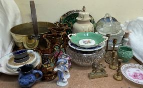 A Majolica bread plate together with copper lustre jugs, pottery vase and cover,