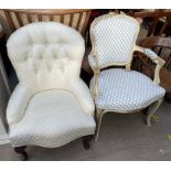 A Victorian style button back upholstered nursing chair together with a continental upholstered