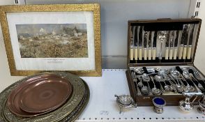 An oak cased part flatware service together with an electroplated cruet, brass dishes,