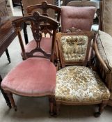 A matched pair of Edwardian walnut salon chairs,