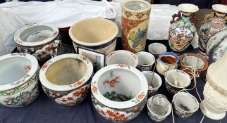 Assorted Oriental porcelain fish bowl jardinieres together with Japanese vases,