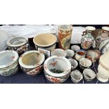 Assorted Oriental porcelain fish bowl jardinieres together with Japanese vases,