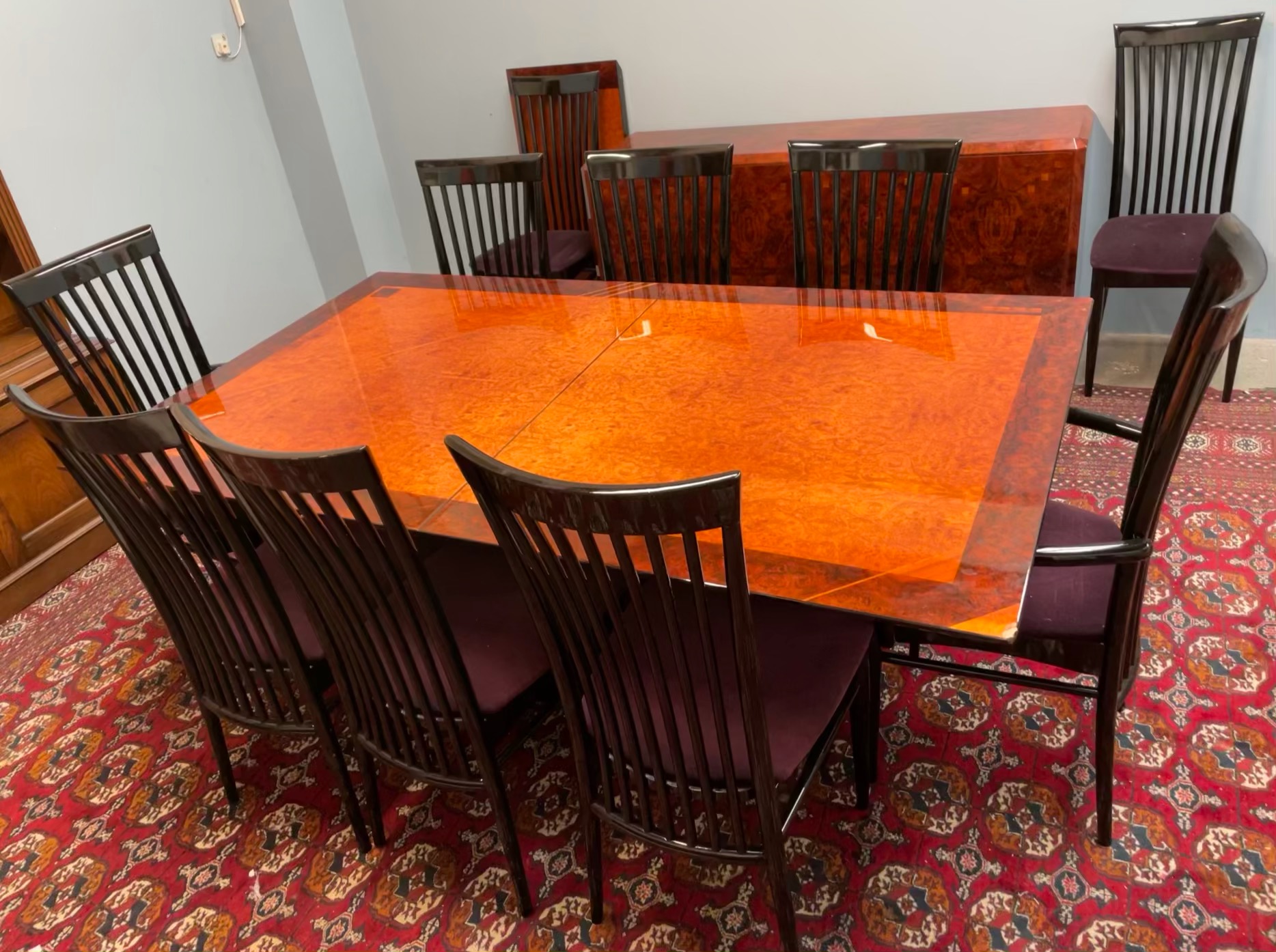 A high gloss modern dining suite with a figured walnut table and matching sideboard with ten high - Image 2 of 4