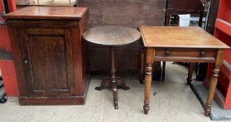 A Victorian mahogany side table with a square moulded top above a frieze drawer and turned legs