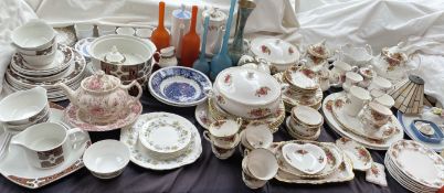 A Royal Albert Old Country Roses pattern part tea set together with assorted plates, bowls,
