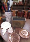 Two copper bedwarming pans, together with a brass magazine rack, a pottery umbrella stand,