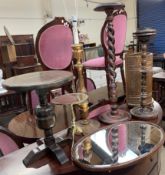 An umbrella stand together with an ashtray stand, torchere, gilt table lamp, brass table top table,