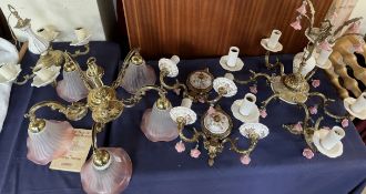 A ceramic and gilt metal six branch chandelier together with a pair of ceramic wall lights and two