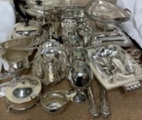 A silver cream jug together with two silver trophy cups and assorted electroplated wares